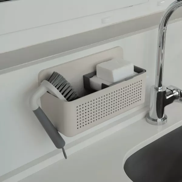 OU Hanging Sink Organizer - Self-Adhesive Caddy w/ Removable Sponge Tray, Space Saving Wall Mounted Kitchen Storage