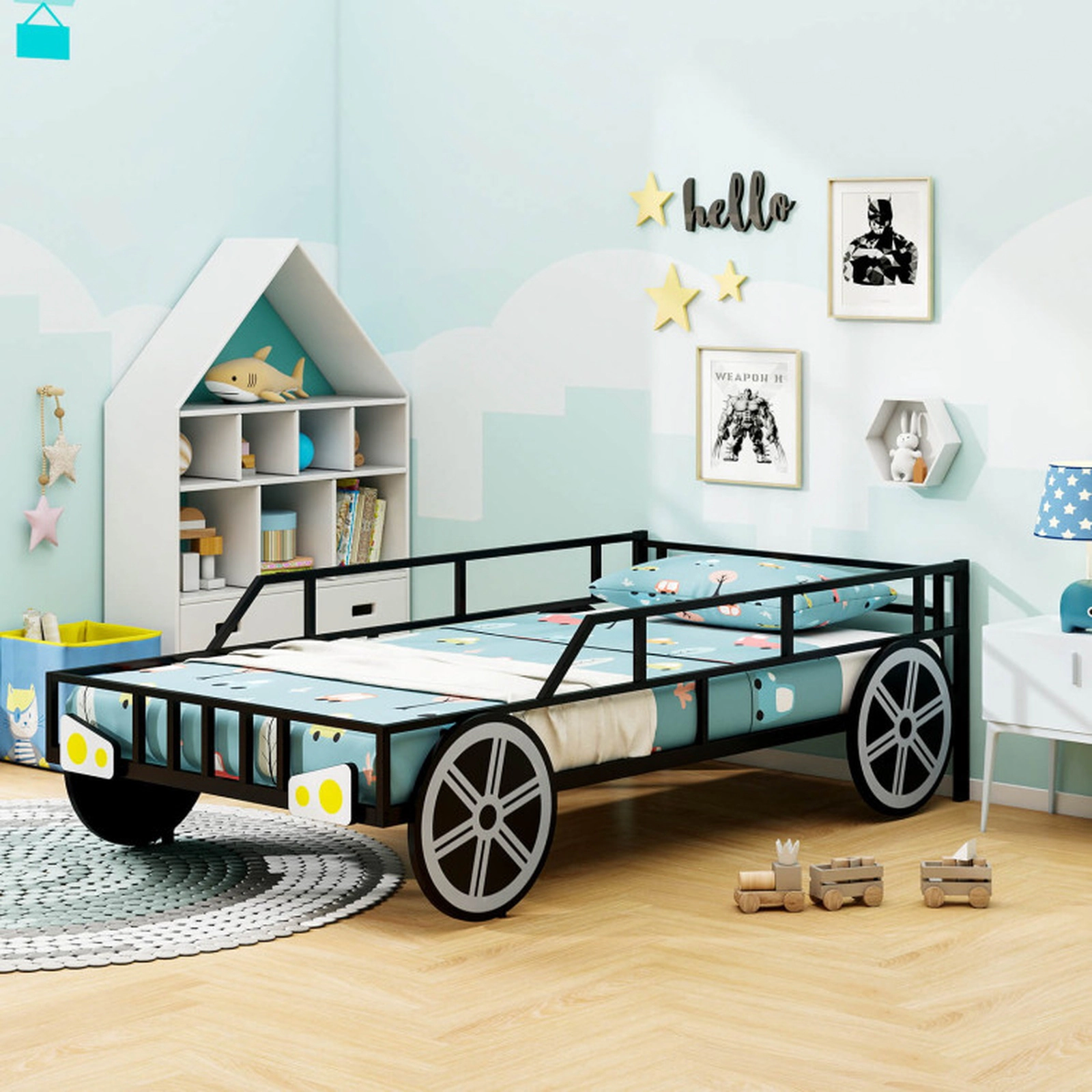SUGIFT Car-Shaped Kids Metal Toddler Bed Frame Twin-Size 12-in Guardrails 485-lb Capacity 77-in Length 2-Piece Set Black