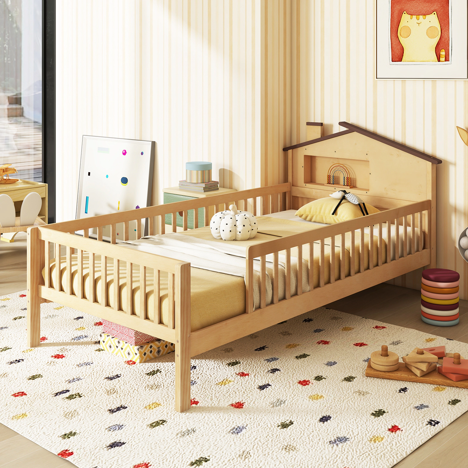 SUGIFT House-Shaped Headboard Twin Size Montessori Bed Frame with Built-in Storage Shelf 440-lb Capacity Natural/White