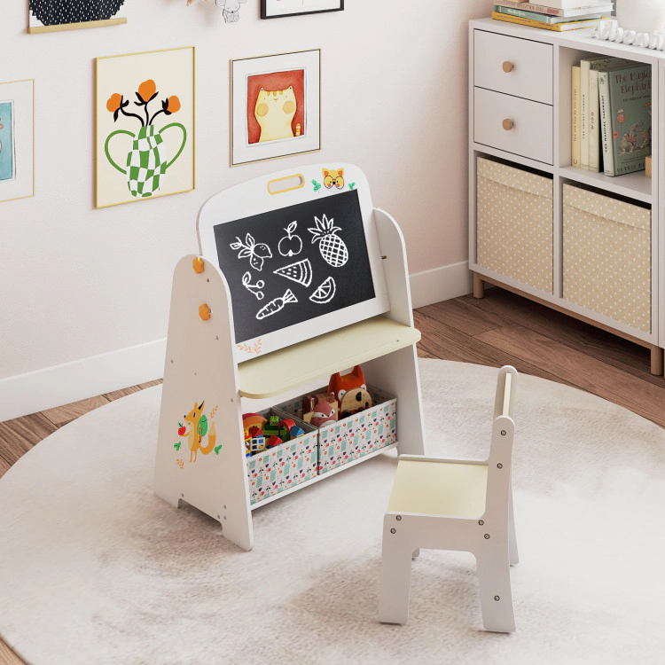 Hivvago 4-In-1 Kids Table And Chair Set Art Easel With Magnetic Whiteboard And Bookshelf