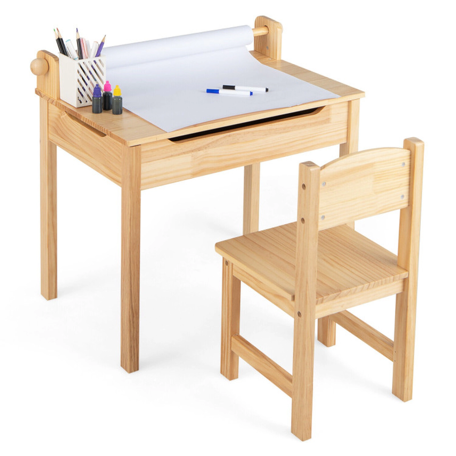 SUGIFT Natural Paper Roll Holder and Flip Top Toddler Activity Table and Chair Set