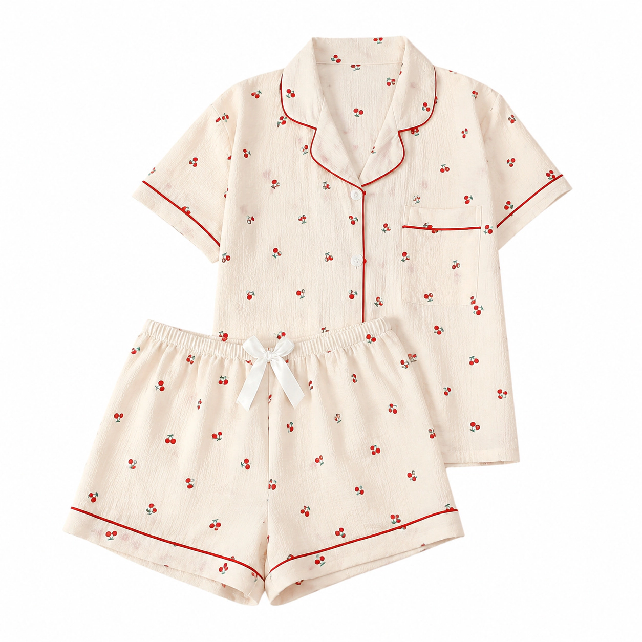 WZK Womens 2-Piece Soft Stretch Lapel Short Sleeve Print Bow Pajama Lounge Set