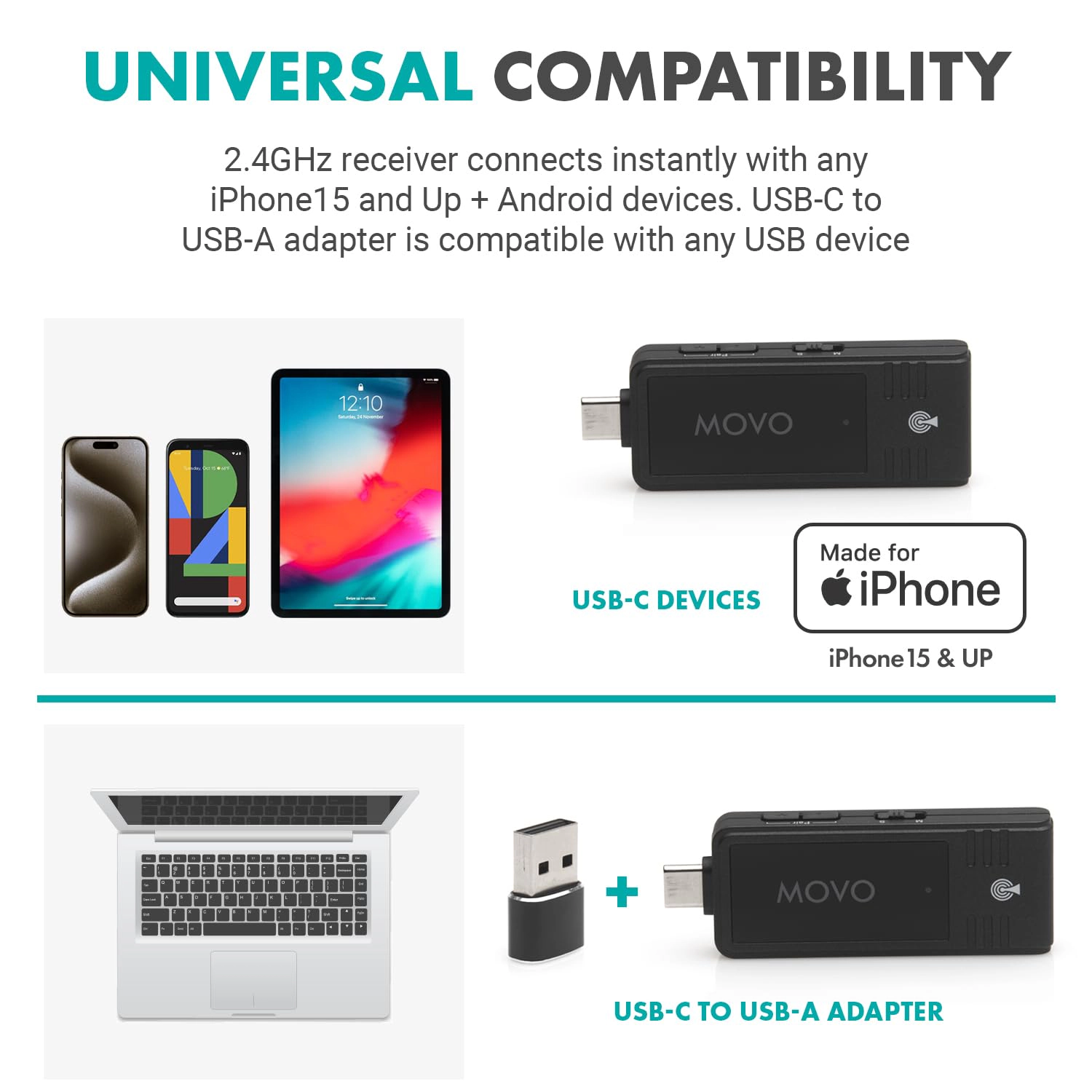 Movo Wireless USB-C Microphone System for Android and iPhone 15 and Up - Professional Lavalier Mic with 2.4GHz