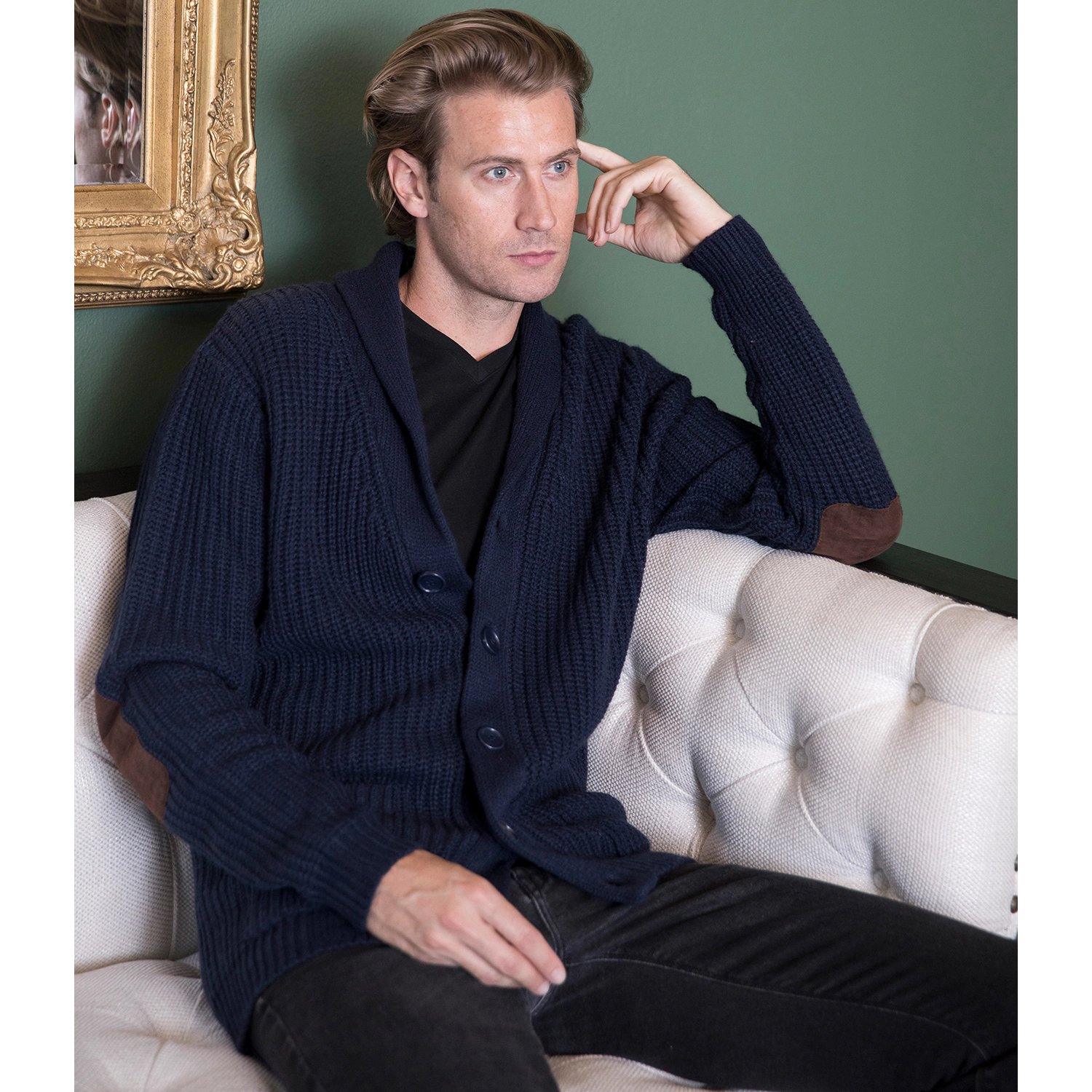 Gioberti Men's Heavy Weight Shawl Collar Knitted Regular Fit Cardigan With Faux Suede Elbow Patch