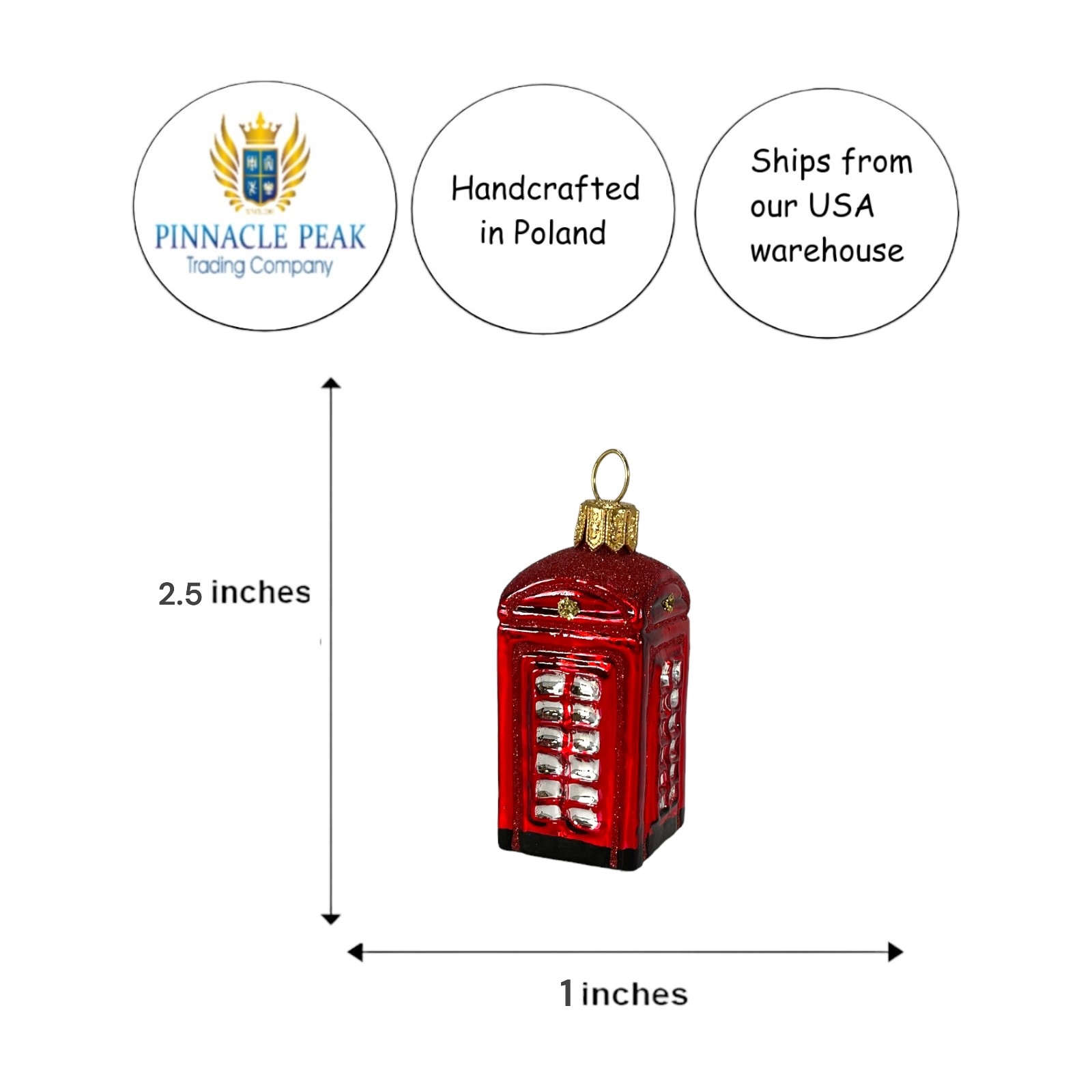 Pinnacle Peak Trading Company English Telephone Booth Mini Polish Glass Christmas Ornament UK England 2.5 inch