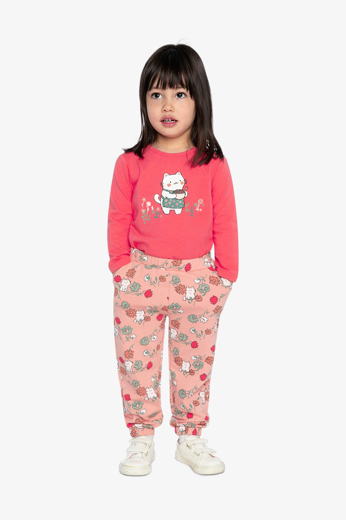 Deux par Girls Cat & Floral Graphic Organic Cotton Long Sleeve T-Shirt
