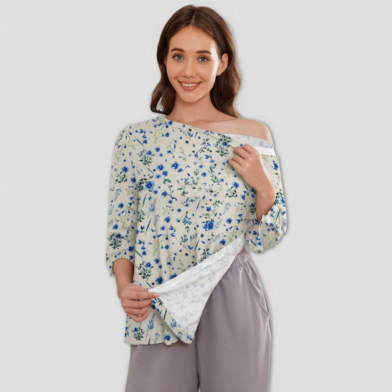 Pinspark Womens Off Shoulder Nursing Tops 3/4 Sleeve Asymmetric Neck Casual Tunics