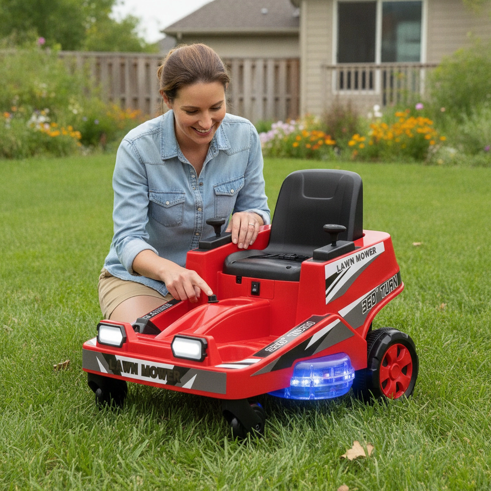 12V Kids Lawn Mower Dual Control Sticks 360-Degree Turn and LED Light-Up Deck for Ages 3-8 Battery Powered Ride On Toy