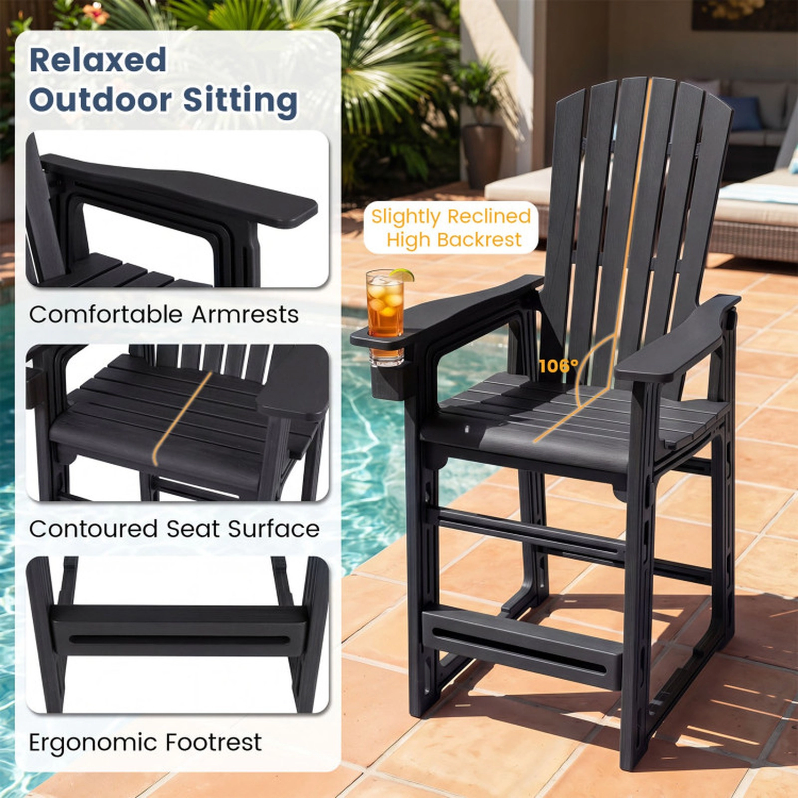 SUGIFT Black Backrest Armrests and Cup Holder Outdoor 29 Inch HDPE Bar Stool