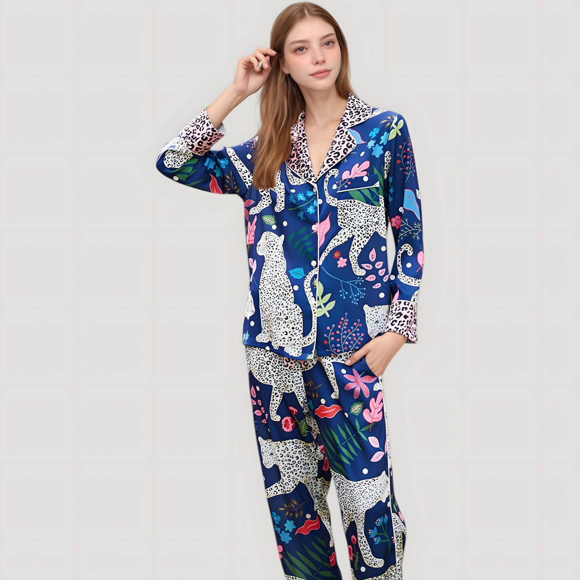 Anna-Kaci Women's Satin Leopard and Botanical Print Pajama Set with Button Up Long Sleeve Shirt Relaxed Fit Pants