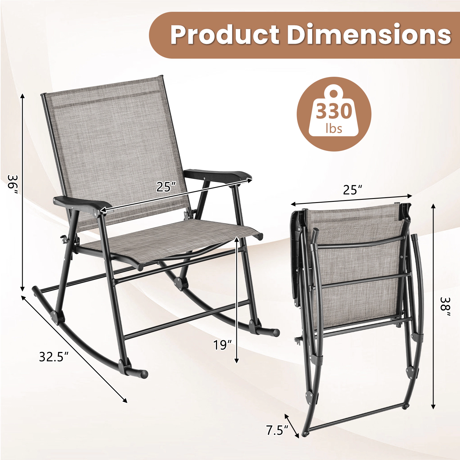 SUGIFT Folding Rocking Chair Set of 2 with Breathable Fabric Seat 330-lb Capacity 32.5-in Rocking Frame Brown