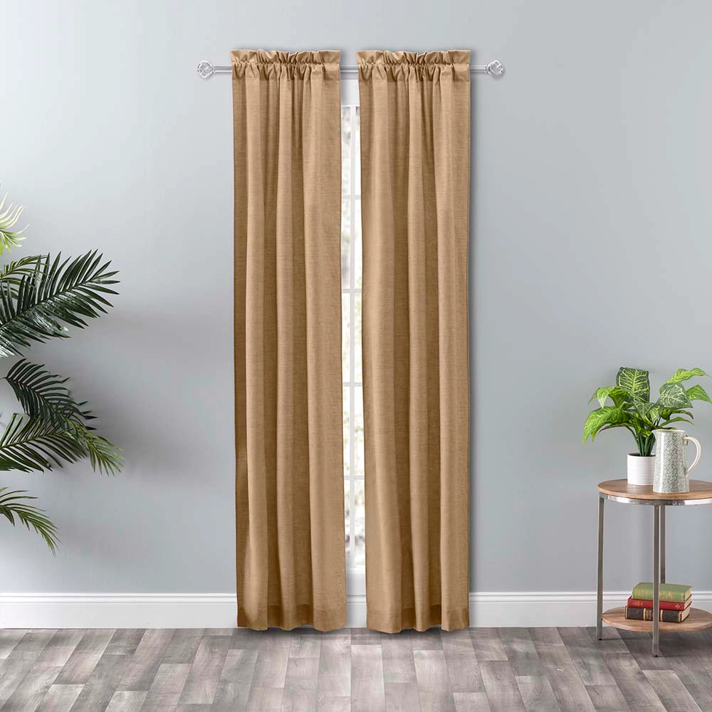 Ellis Curtain Lisa Solid Color Poly 3" Rod Pocket Cotton Duck Fabric Tailored Panel Pair with Ties 56" x 63" Tan