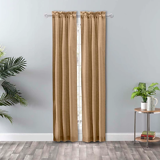 Ellis Curtain Lisa Solid Color Poly 3" Rod Pocket Cotton Duck Fabric Tailored Panel Pair with Ties 56" x 63" Tan