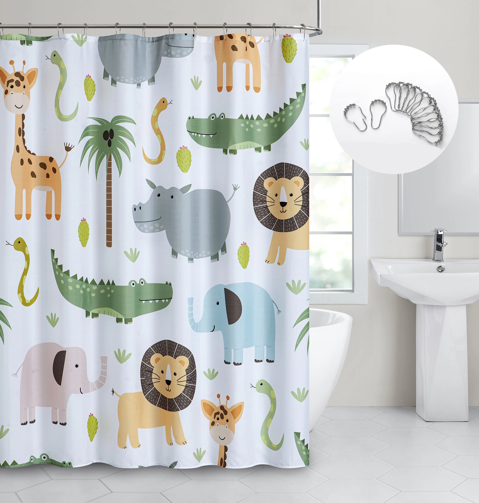 Dainty Home Safari 3D Textured Fabric Shower Curtain with 12 Metal Rollerball Hooks, 70" x 72"