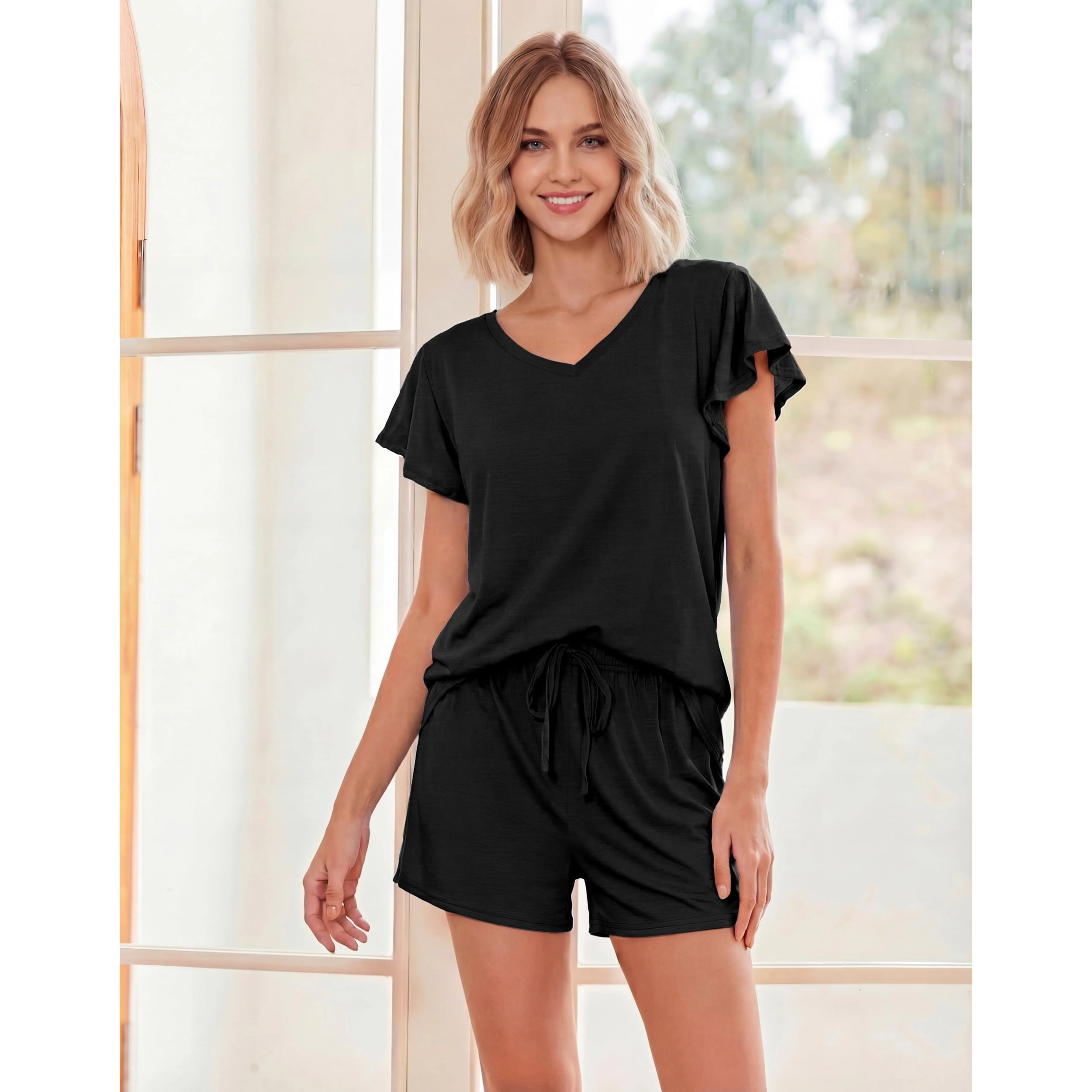Ekouaer Ladies Pajama Sets Flowers Printed Soft Loungewear Cute Ruffle Sleeve Comfy Sleepwear
