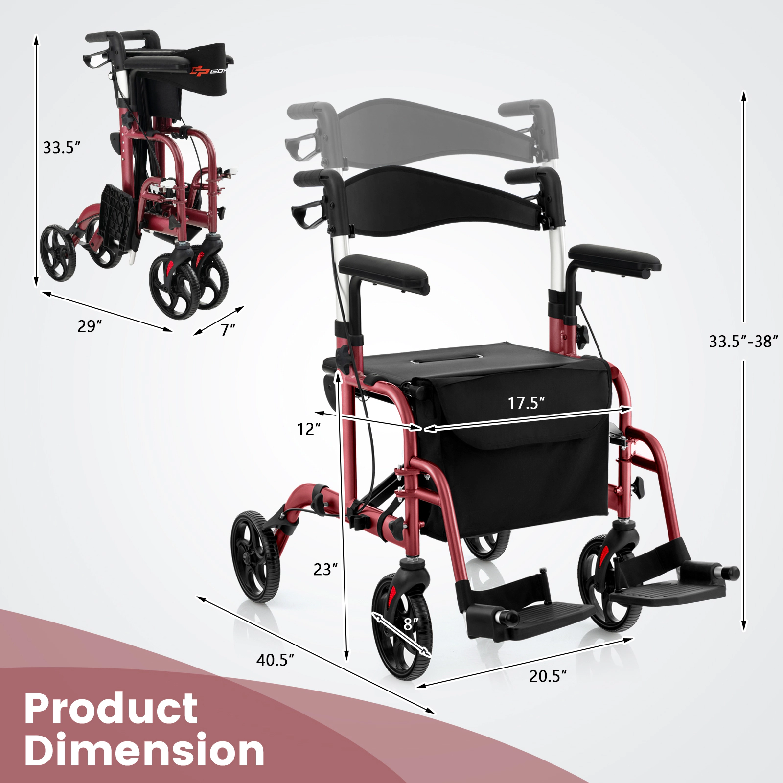 SUGIFT 300-lb Capacity 2-in-1 Folding Rollator Walker with Seat Dual Hand Brakes and Folding Footrests
