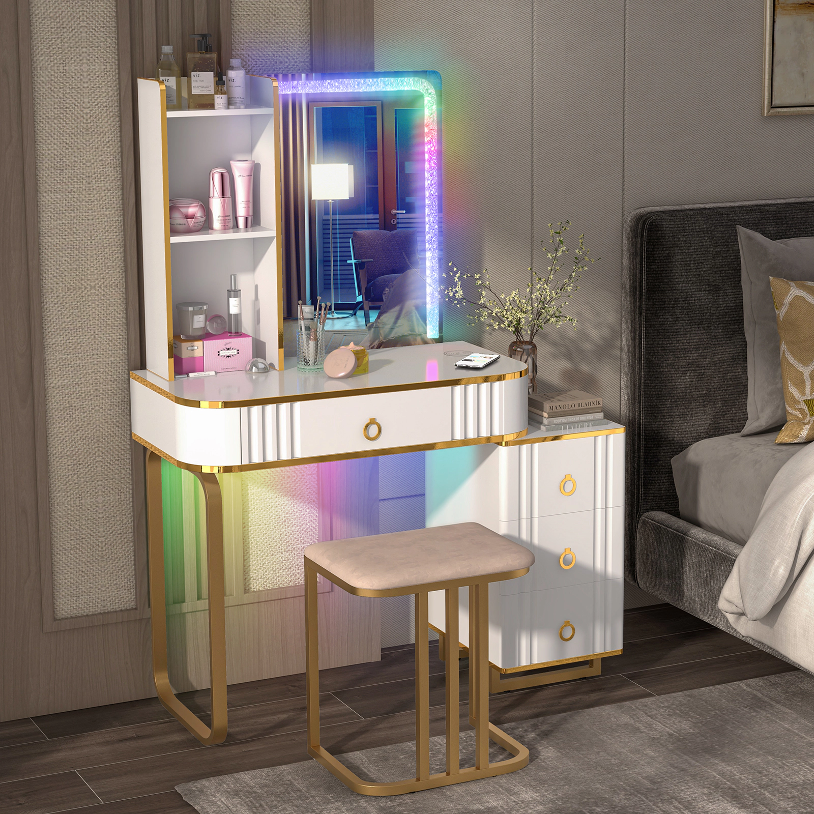 SUGIFT White Vanity Table Set with RGB LED Mirror, Wireless Charging and Stool