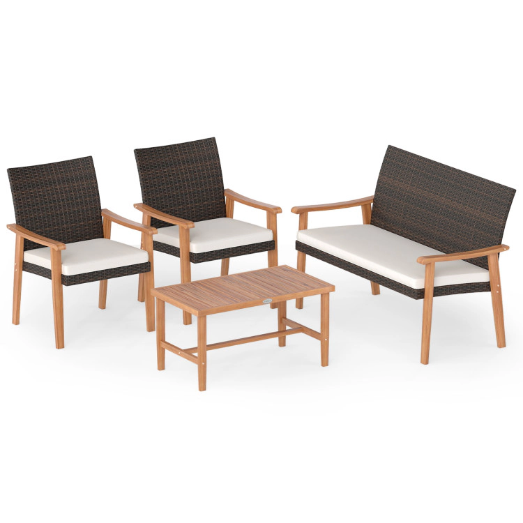 Hivvago 4 Piece Patio Furniture Set Pe Rattan Porch Chairs With Acacia Wood Coffee Table And Soft Cushions