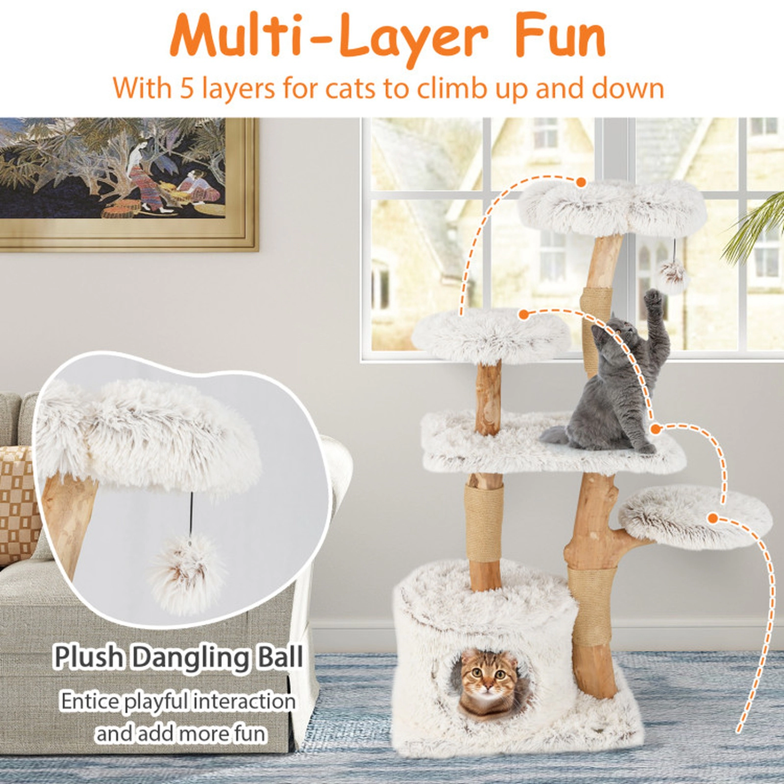 SUGIFT 53-in Modern Natural Branch Cat Tree with Flower-Shaped Top Perch Jute Posts and Vented Condo