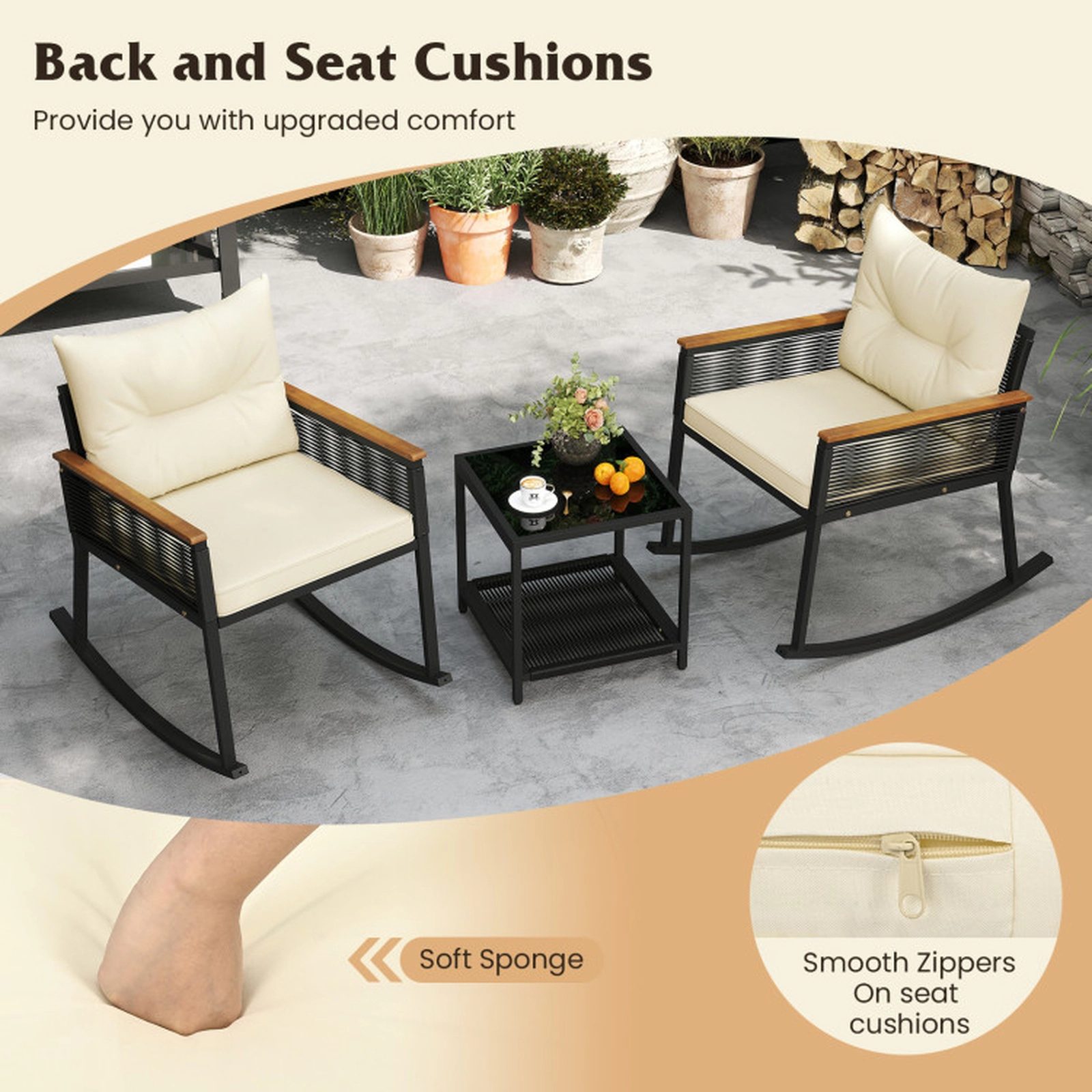 SUGIFT Rocking Bistro Conversation Set with 2-Tier Coffee Table 400-lb Chair Capacity Black Rattan Beige Cushions