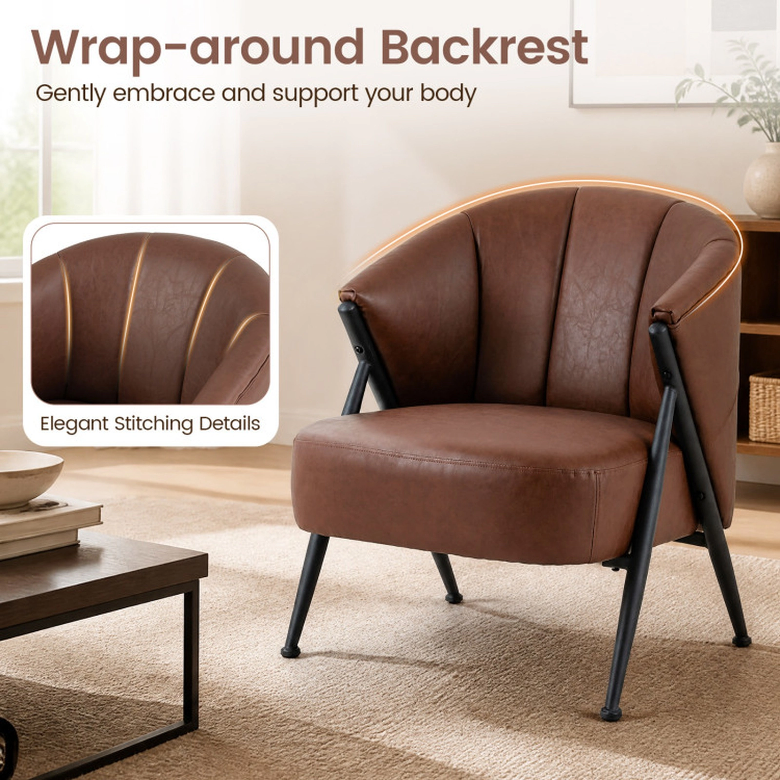 SUGIFT Mid Century Modern Accent Chair with Curved Backrest and Wide 23.5 x 21 in Seat 352-lb Capacity Brown