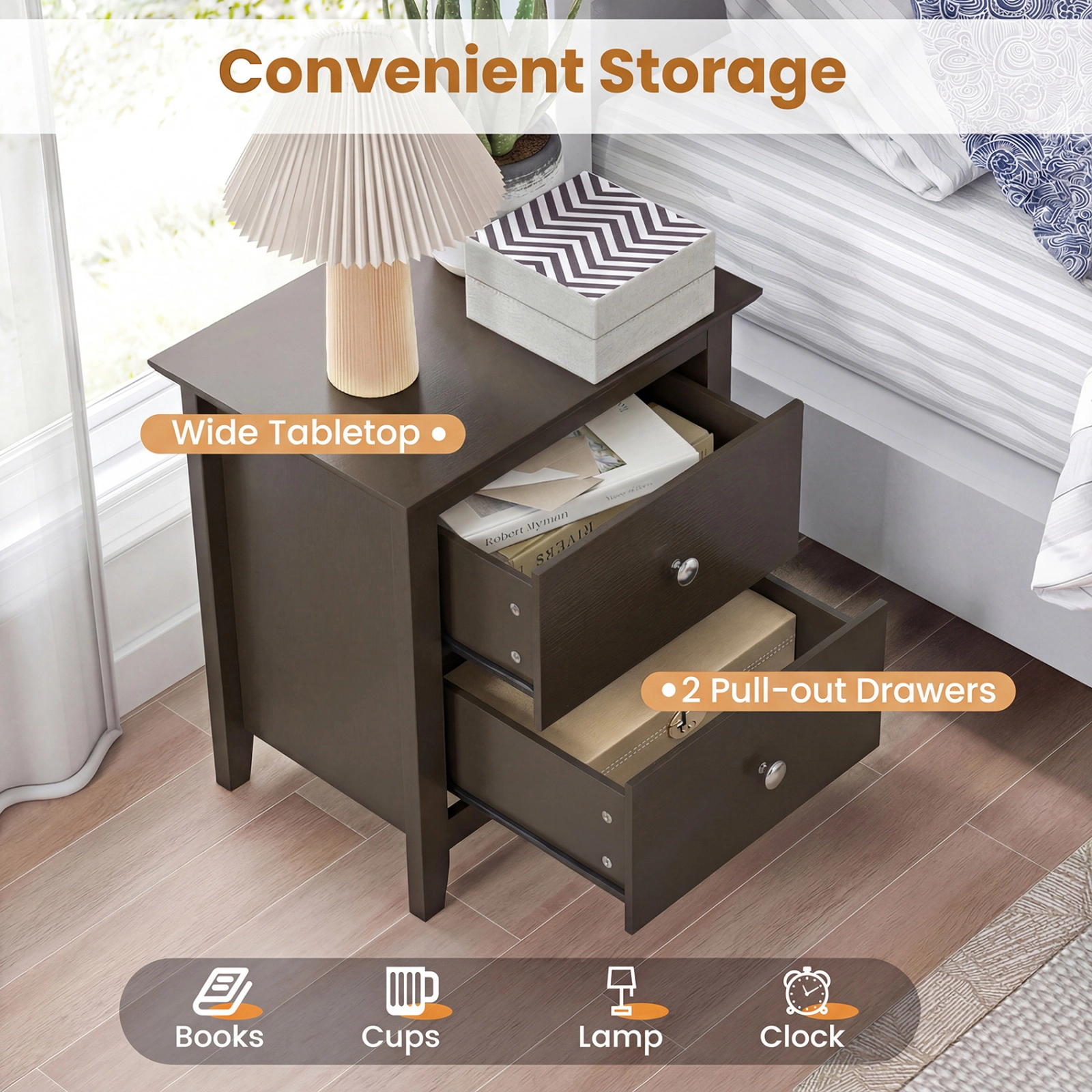 SUGIFT Modern Nightstand with 2 Drawers for Small Spaces End Table 44-lb Tabletop Capacity Black Natural White