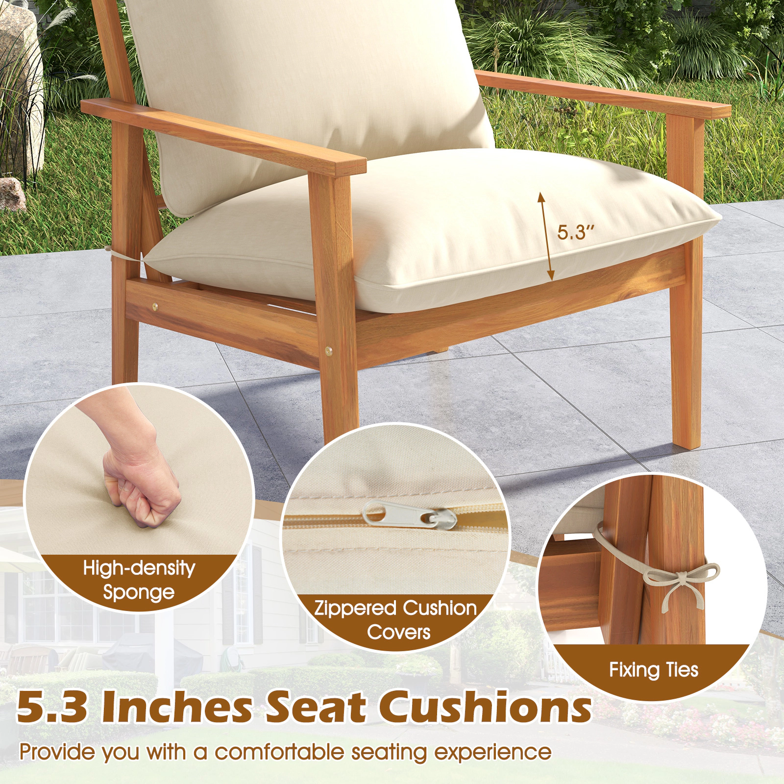 SUGIFT 5.3 in Thick Cushions 4-Piece Off White Acacia Wood Patio Conversation Set