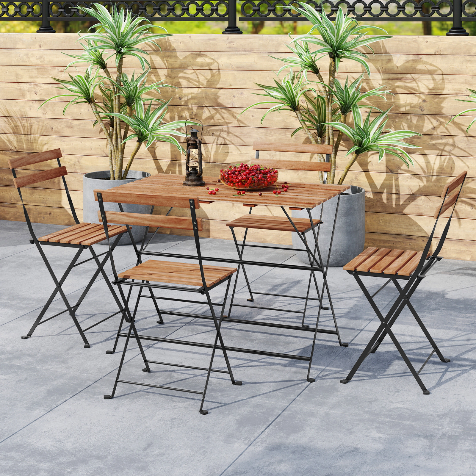 LJG 5 Piece Patio Acacia Wood Dining Set with 4 Folding Chairs