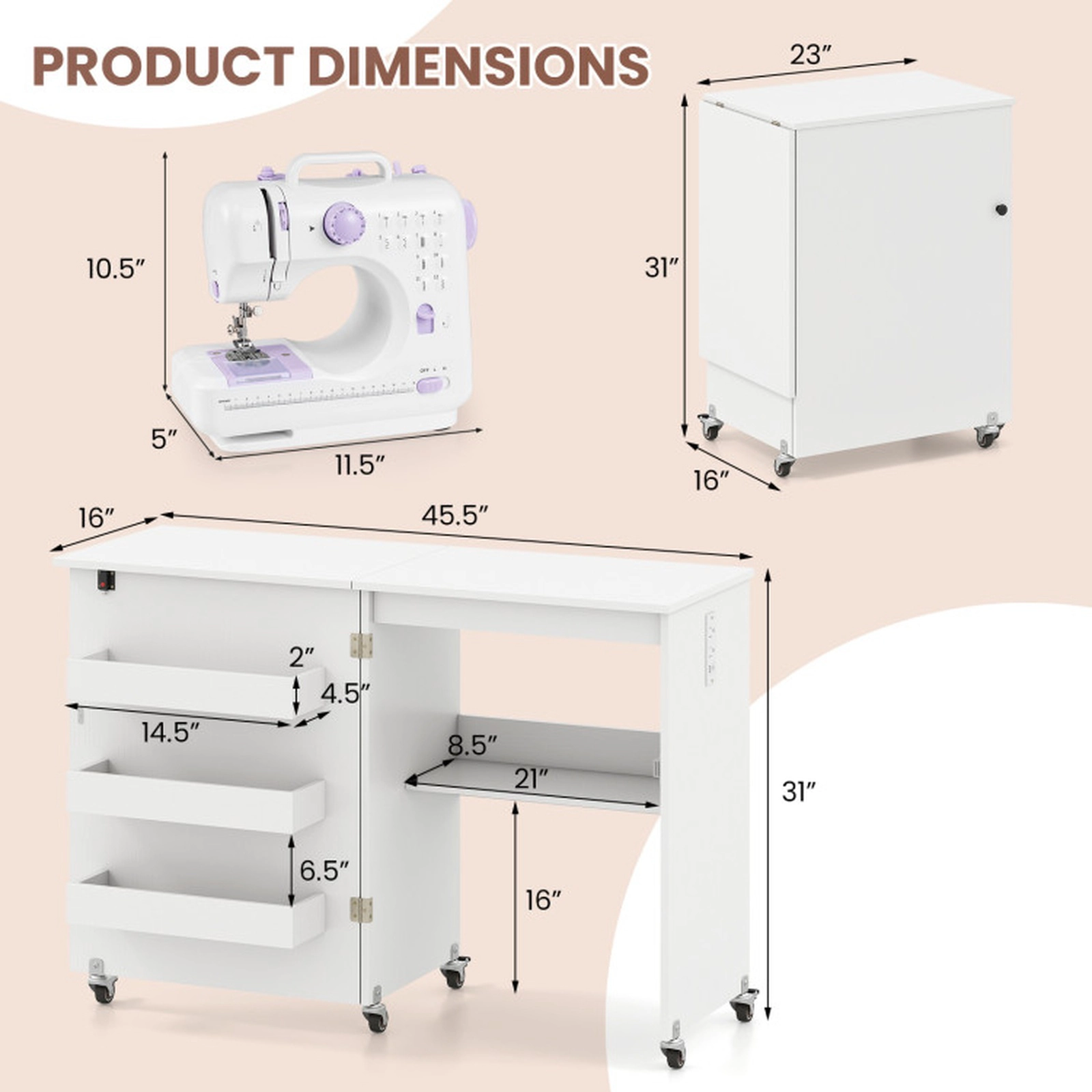 SUGIFT Folding Charging Station 5 Casters Sewing Machine Table Desk 45.5-in x 16-in x 31-in 45-lb Capacity White