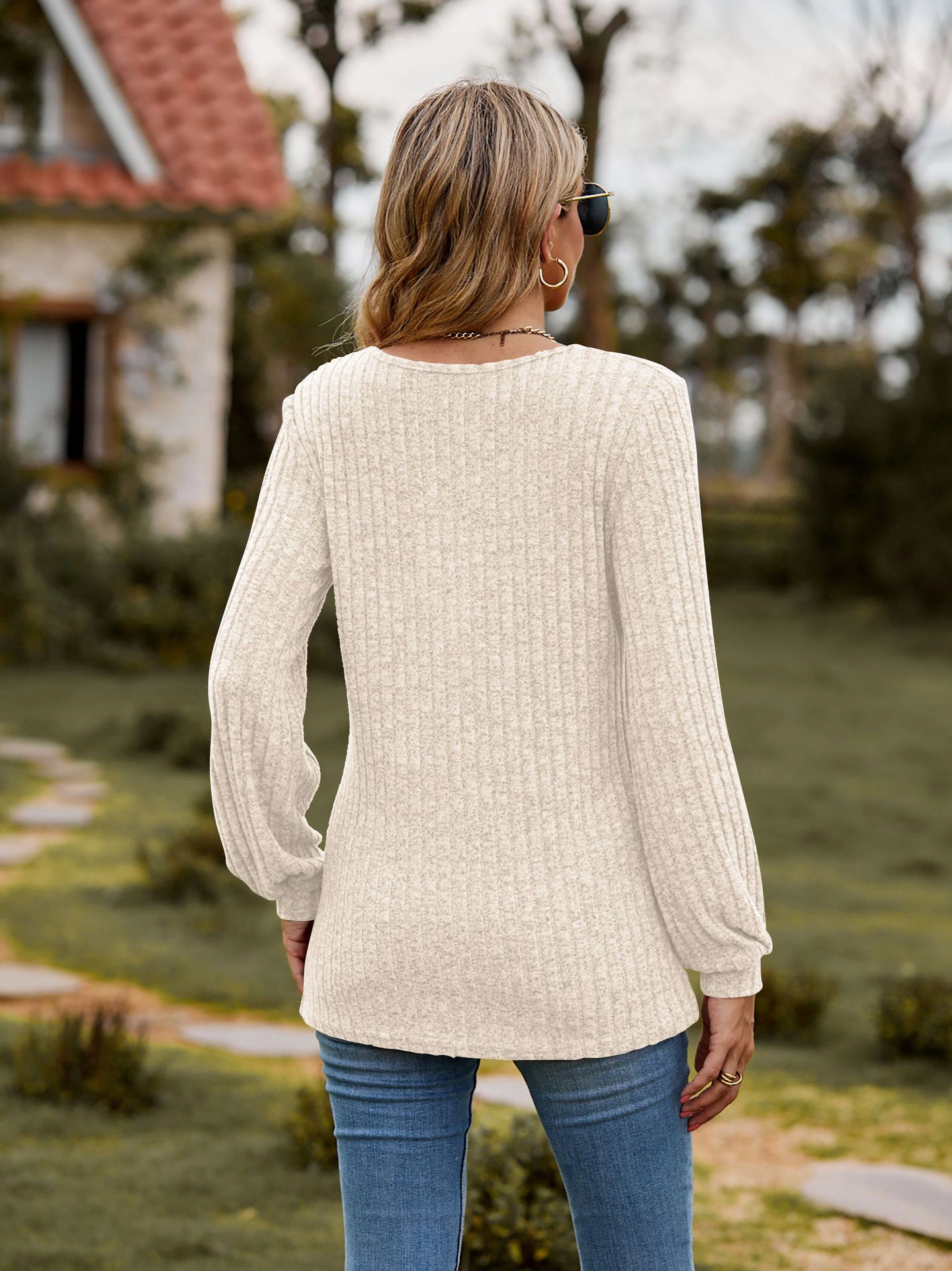 Enchanted Funland Women's Casual Solid Color Button Crew Neck Long Sleeve Tops