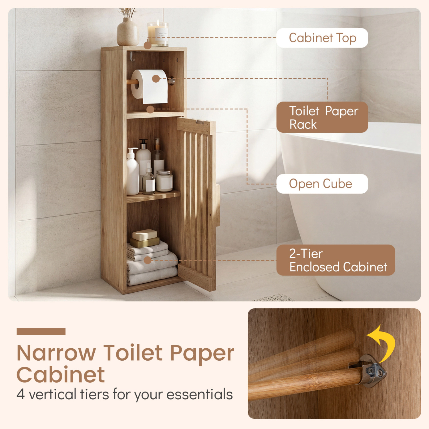 Glintex Slim Toilet Paper Holder Stand with Hidden 2-Tier Cabinet and Slat Door, Natural