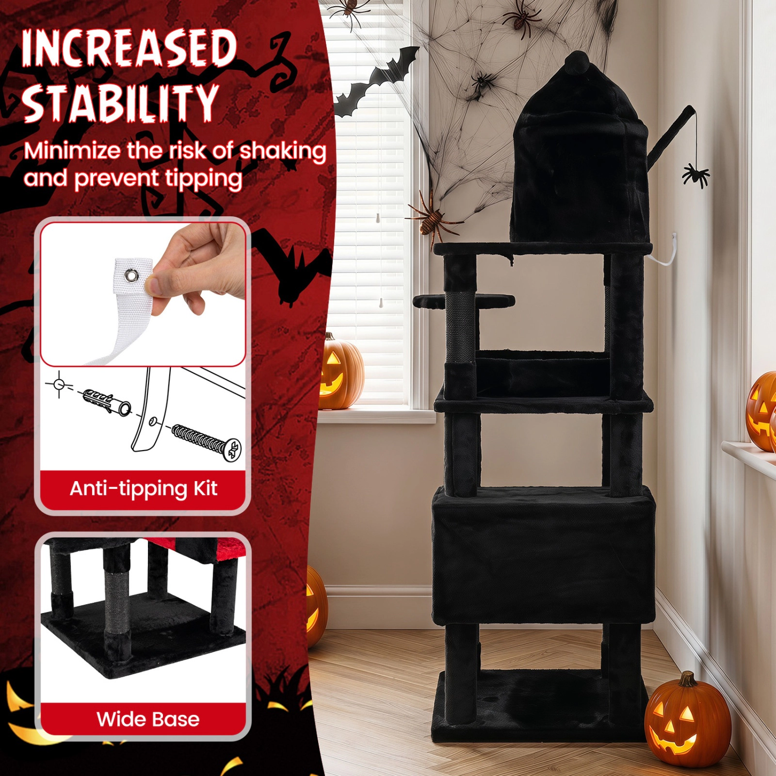 SUGIFT 70 in Gothic Cat Tree Black and Red with Castle Condo Coffin Bed and Anti-Tipping Kit