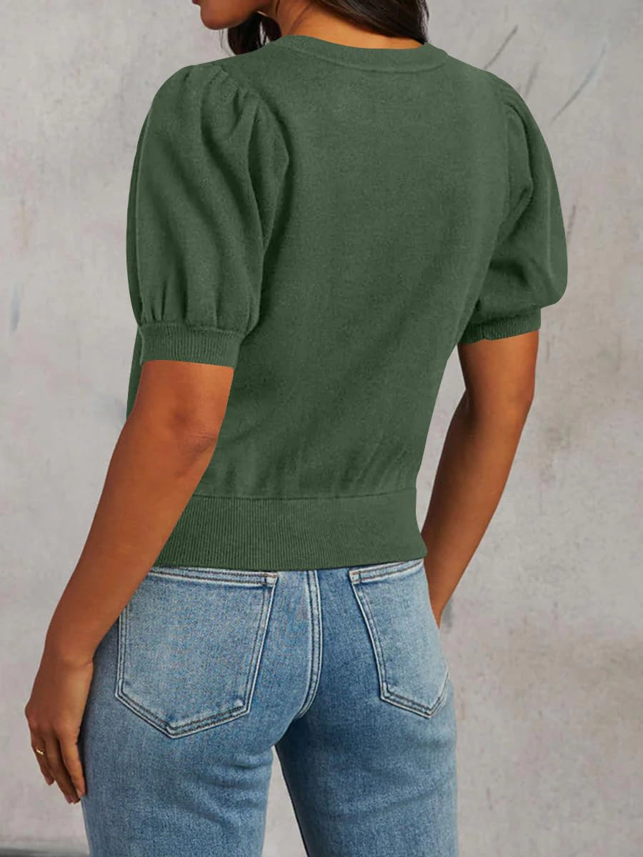 KOJOOIN Women's Puff Short Sleeve Tops Crew Neck Outfits Casual T Shirts Clothing Sweaters