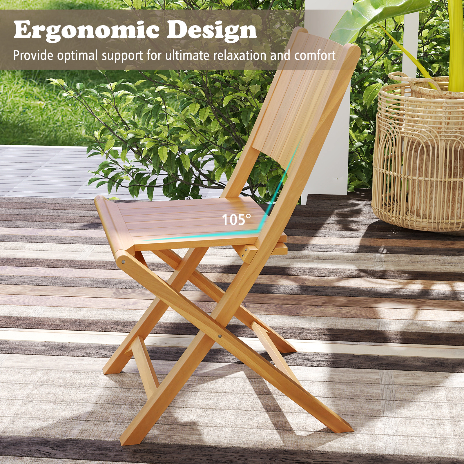 SUGIFT 2-Piece Teak Wood Outdoor Folding Dining Chairs with Slatted Seat 330-Lb Capacity Natural