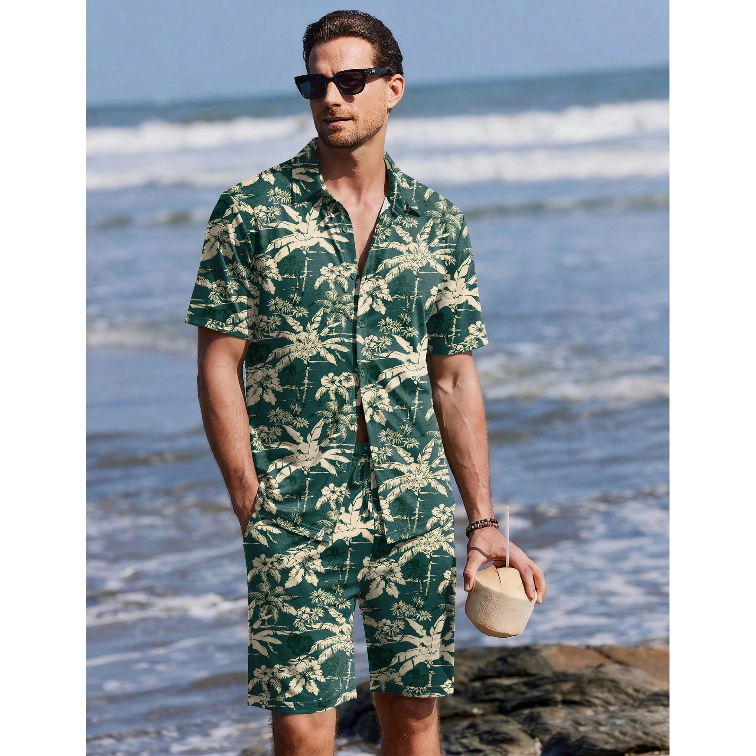 Ekouaer Mens Hawaiian Sets Button Down Shirts and Shorts