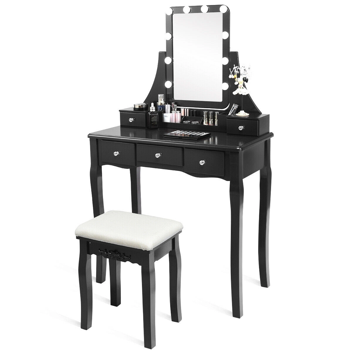 SUGIFT 10 Dimmable Light Bulbs Vanity Dressing Table Storage Box & Cushioned Stool 286-lb Table 250-lb Stool Capacity