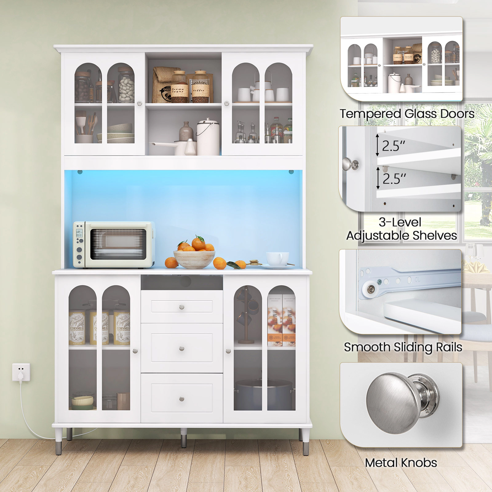 Glintex 73-Inch Pantry Cabinet with LED Lighting and Charging Station, White