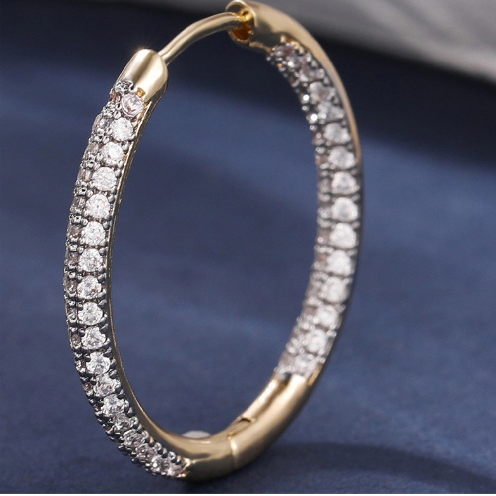 Double Row Paved Cubic Zirconia Hoop Earring Gold Plated Sparkling CZ Large Hoop Earring