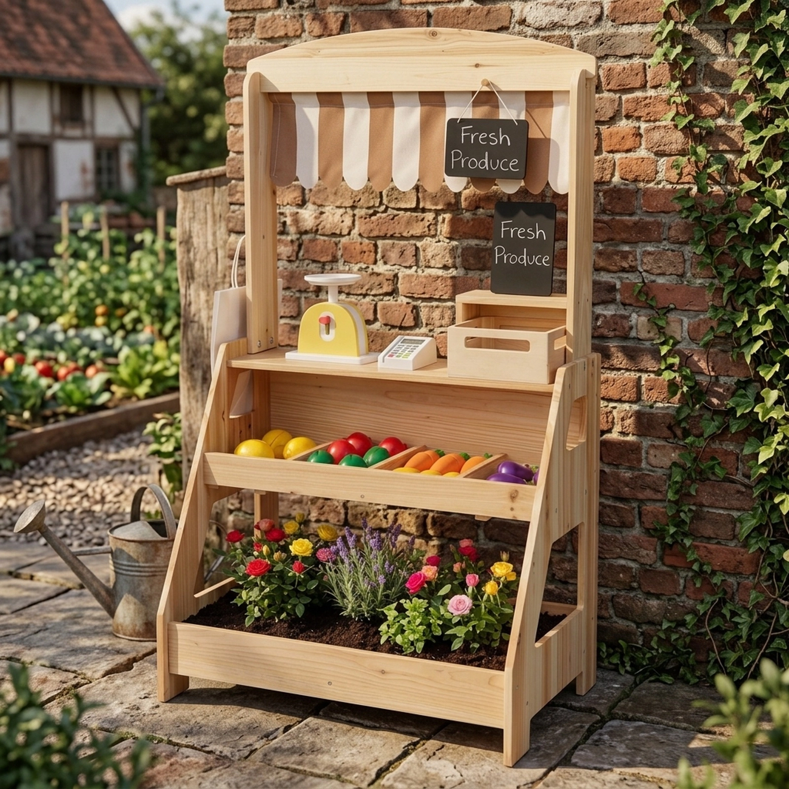 2-in-1 Outdoor Mud Kitchen and Kids Market Stand Planter Box Scale 2 Chalkboards 25-in x 15.5-in x 43-in Fir Wood