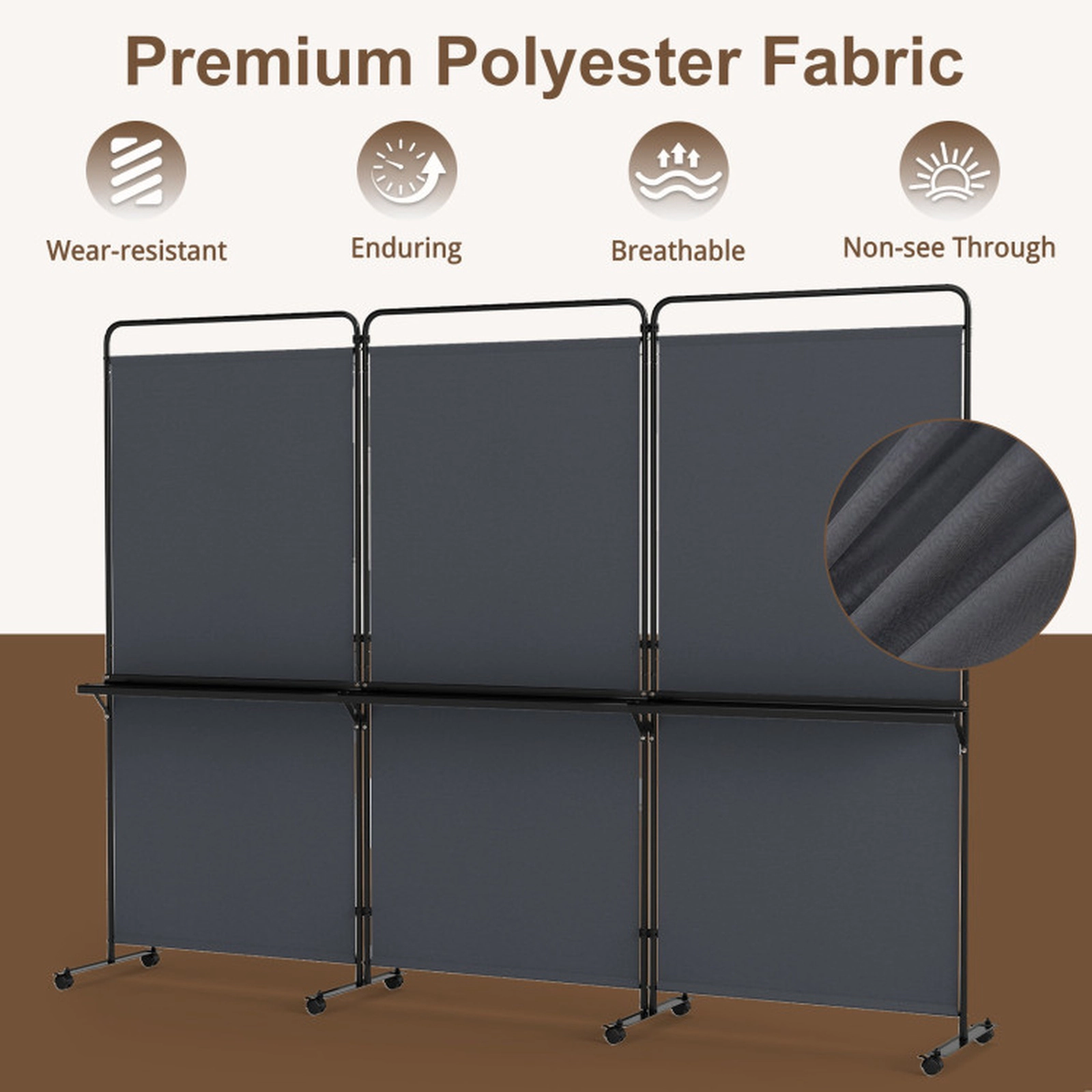 SUGIFT Gray 3-Panel Folding Room Divider Partition with 3 Shelves 8 Braked Wheels and 102-in Wide Span