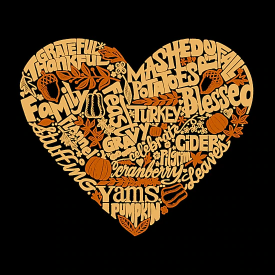 LA Pop Art Men's Thanksgiving Heart Word Art T-Shirt - 100% Cotton, Crew Neck, Short Sleeve