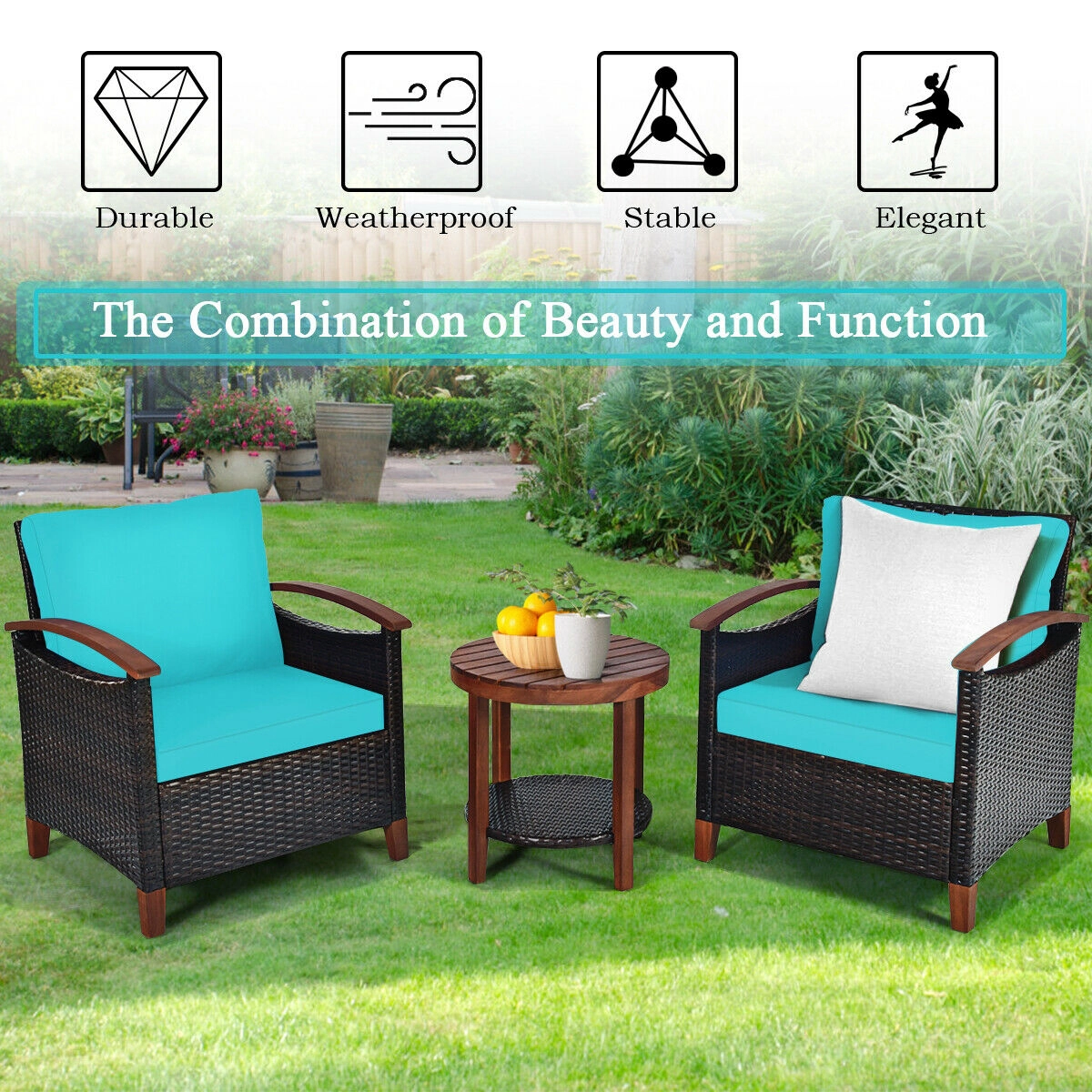SUGIFT 3-Piece Turquoise Rattan Patio Set with Acacia Wood Frames