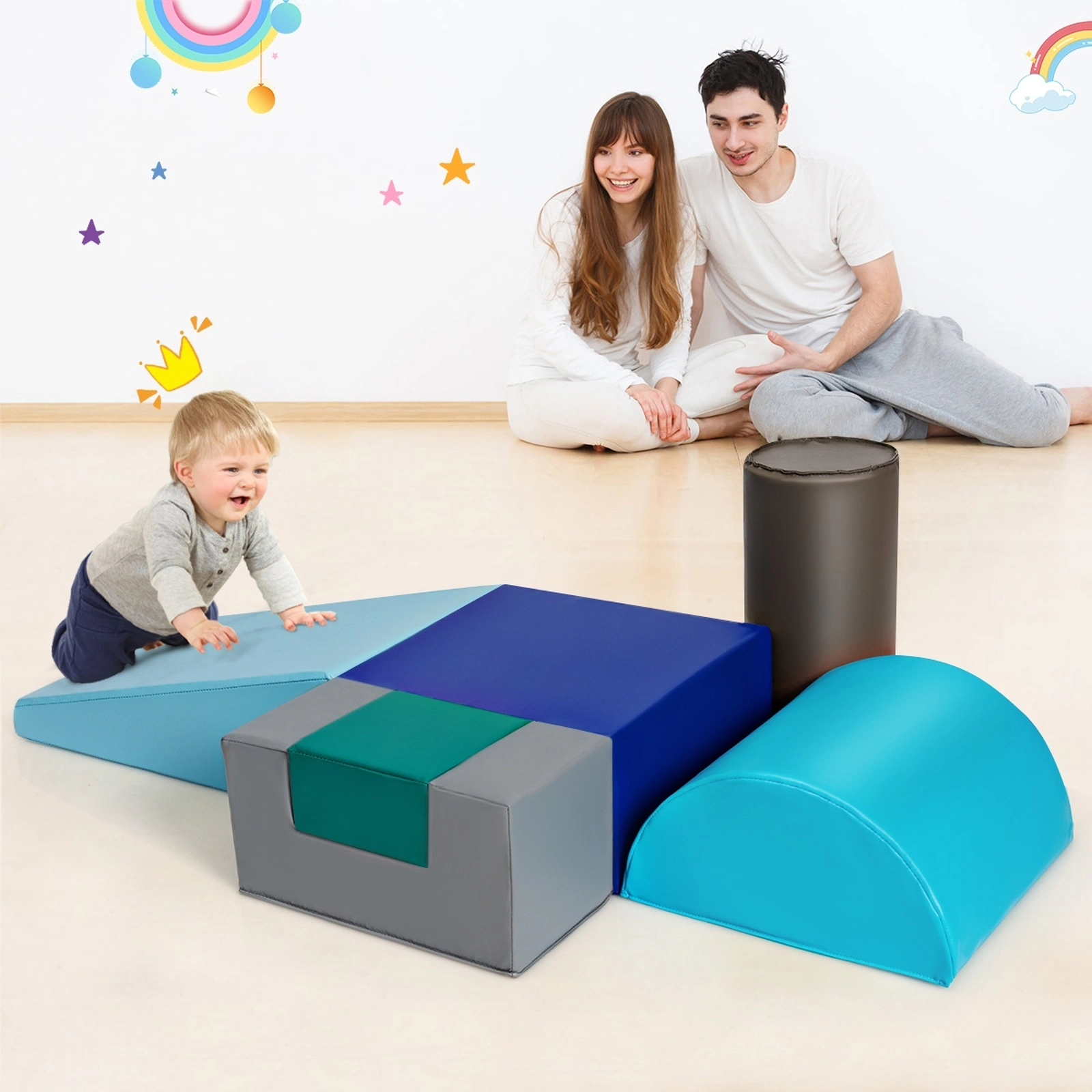 6-Piece Baby Climb Crawl Play Set Soft PU Foam Climbing Blocks Lightweight 7.5-lb Waterproof Covers Light Blue