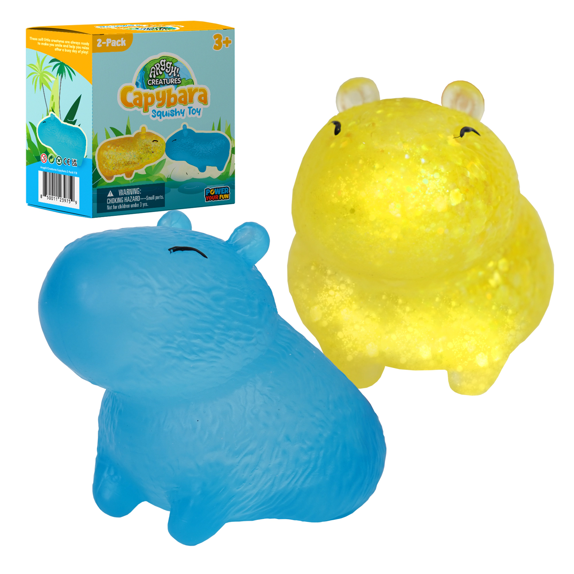 Power Your Fun Capybara Squishy Toy 2-Pack, Stress Relief Fidget STEM Toys (Yellow / Blue)