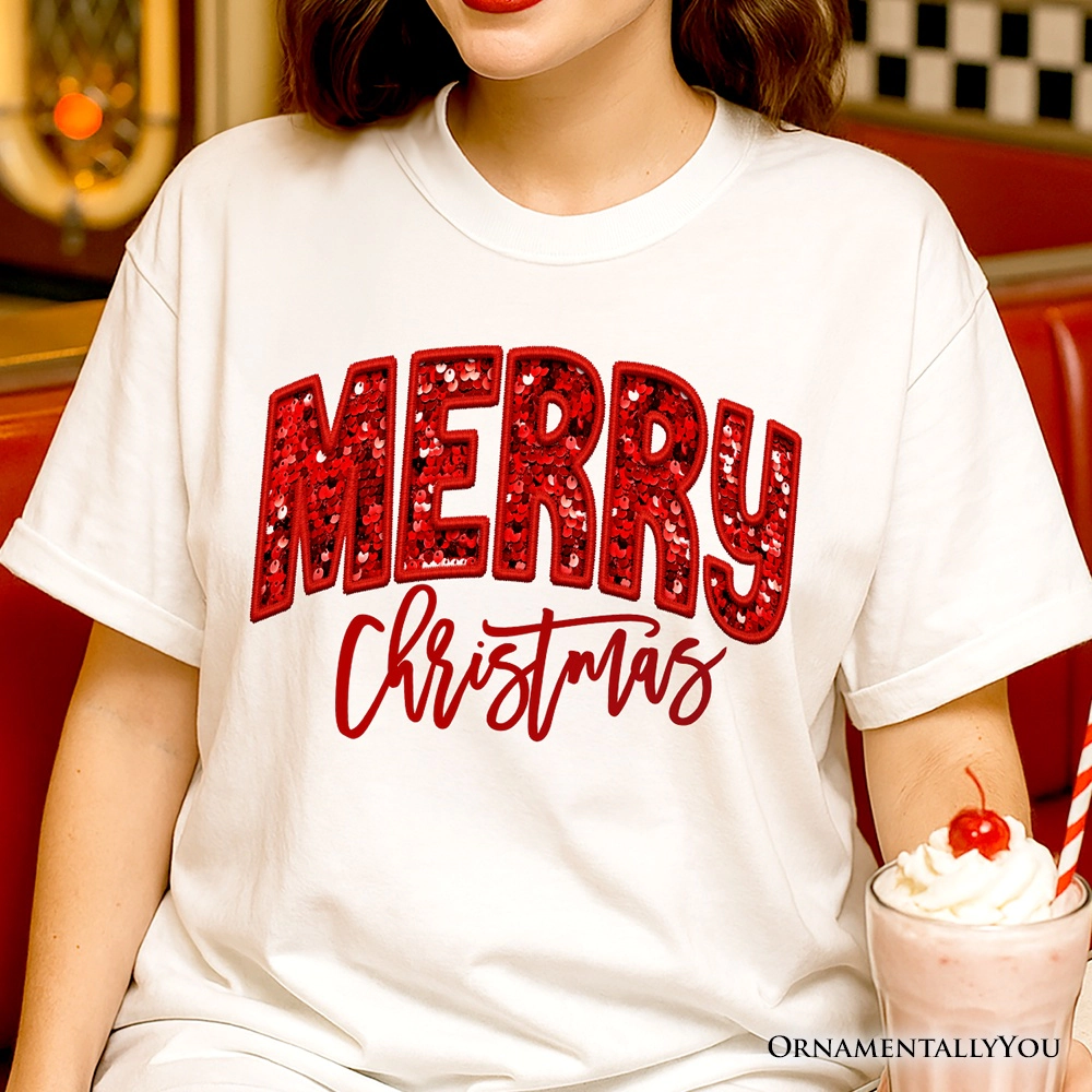 OrnamentallyYou Womens Merry Christmas Sequin Glitter-Look T-Shirt