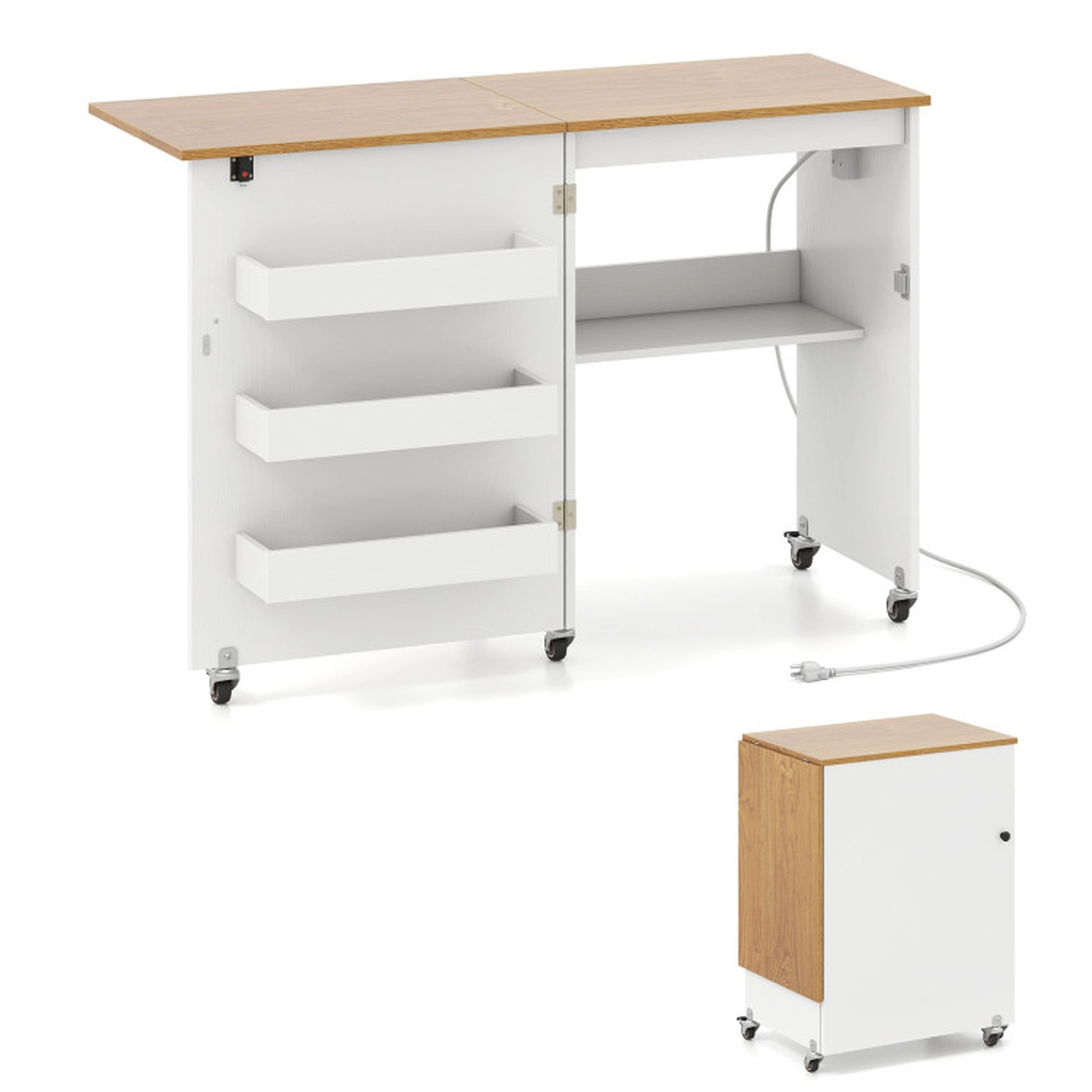 SUGIFT Folding Power Strip 5 Casters Sewing Table Desk 45.5-in x 16-in x 31-in 45-lb Capacity Natural White