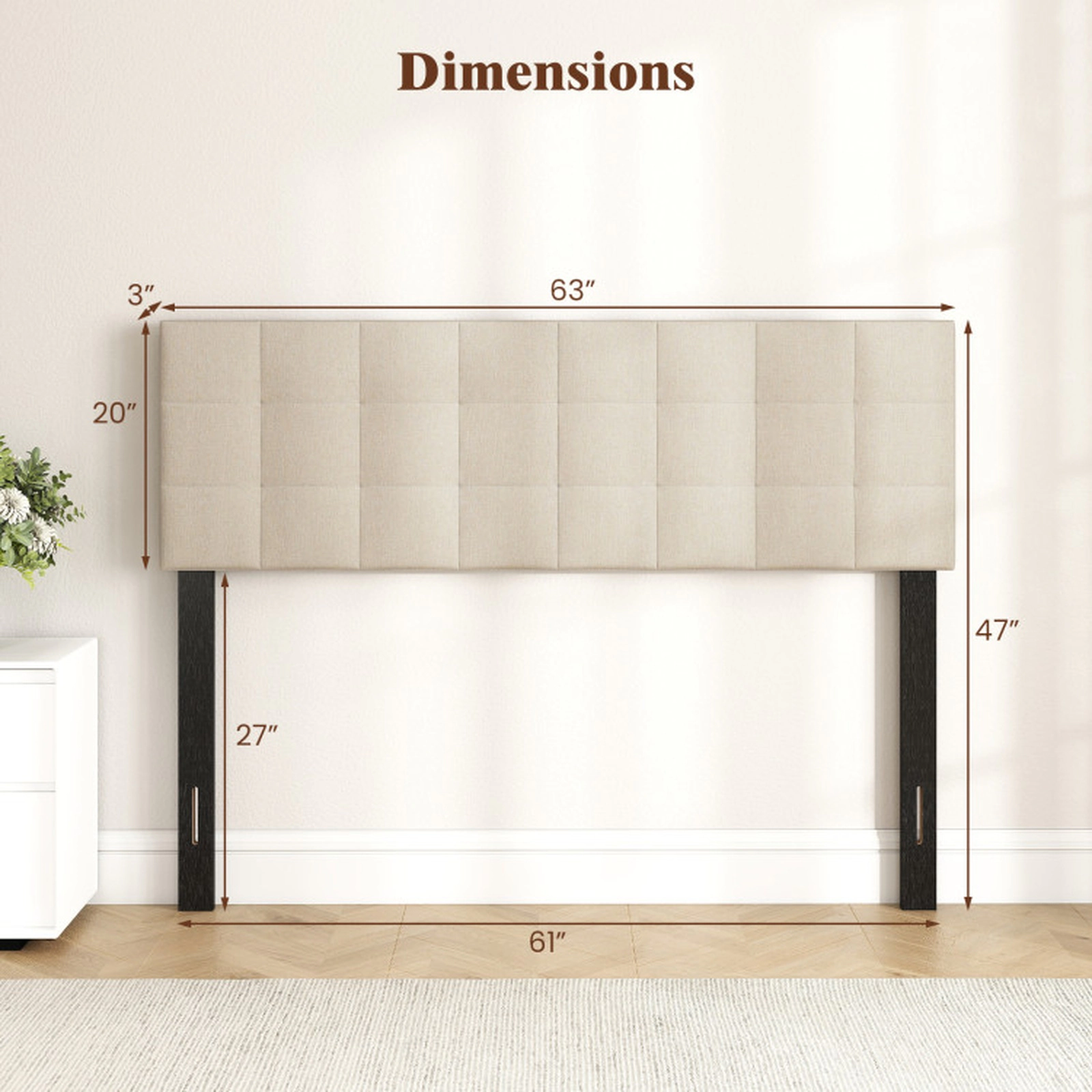SUGIFT Quilted Grid Upholstered Panel Headboard for Full/Queen Beds 47-in Tall Beige Faux Linen