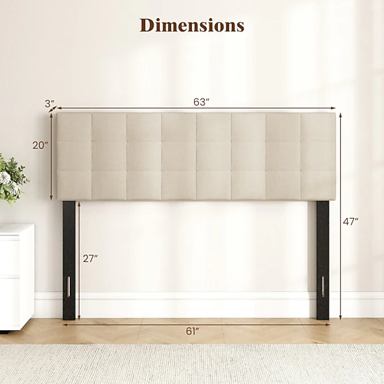 SUGIFT Quilted Grid Upholstered Panel Headboard for Full/Queen Beds 47-in Tall Beige Faux Linen