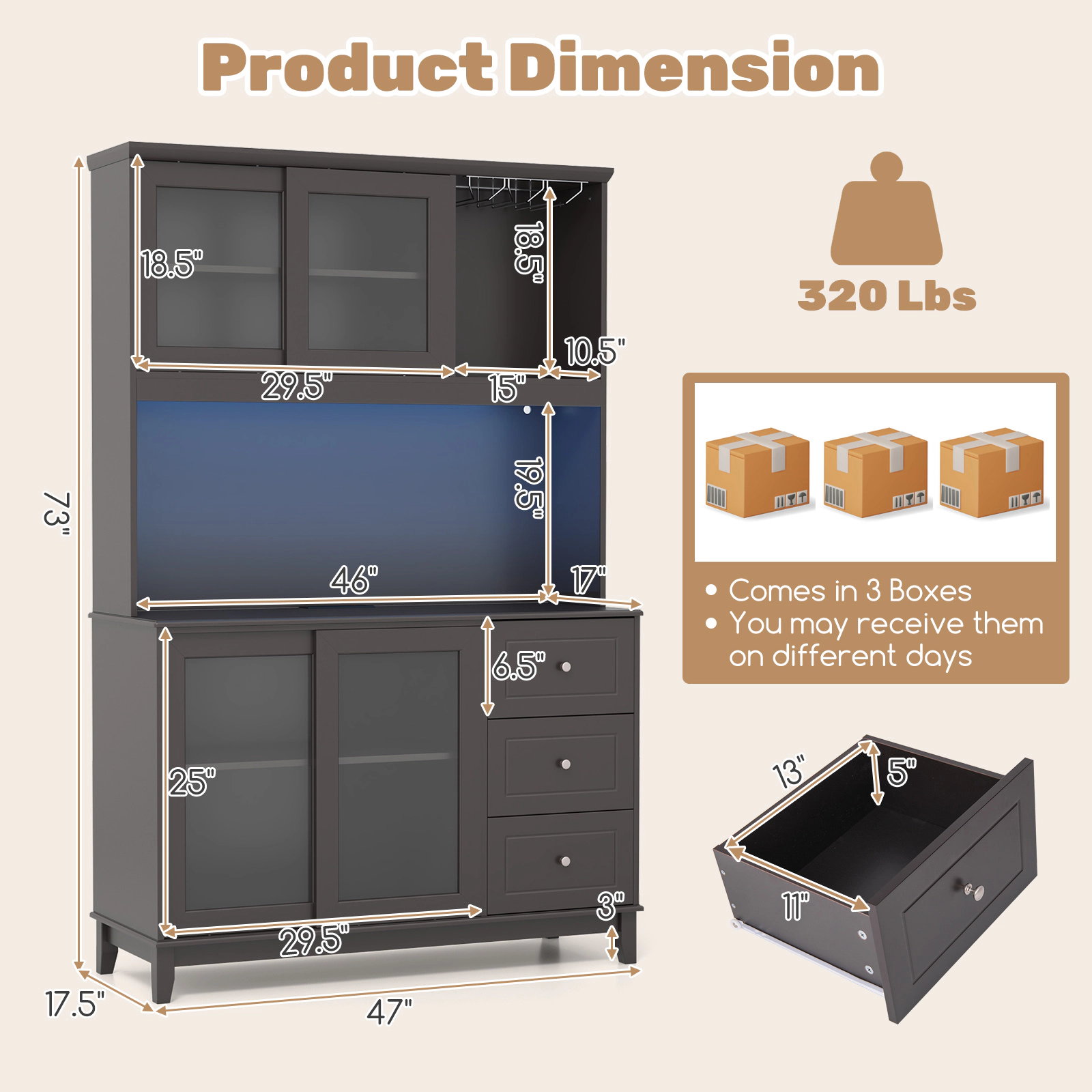 Glintex 73-Inch Kitchen Hutch with LED Lights and Sliding Glass Doors