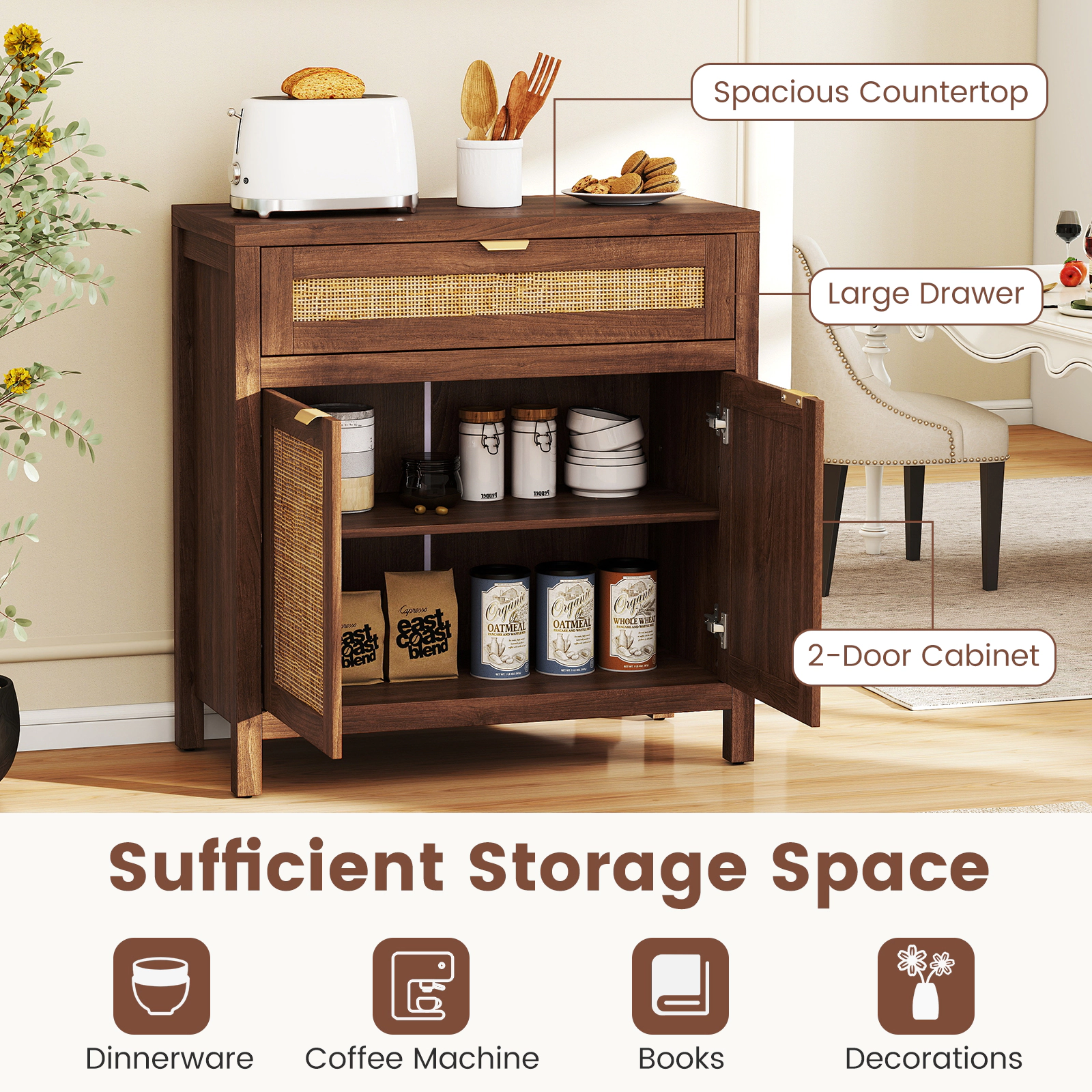 SUGIFT Sideboard Storage Cabinet with Rattan Doors and Drawer 155-lb Countertop Capacity 31-in Wide Brown Natural